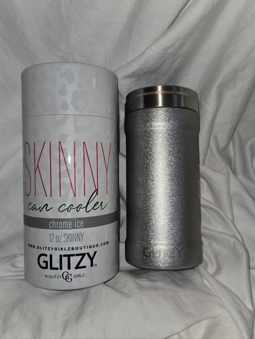 Glitzy Skinny Can Cooler in Chrome Ice For 12 Oz Cans